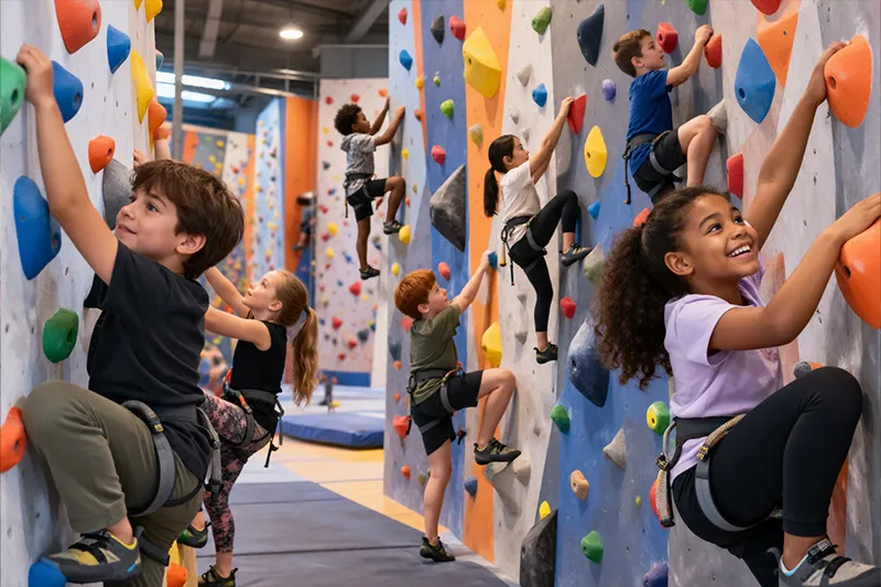 Enfants pratiquant l'escalade pendant un anniversaire sportif à Reims