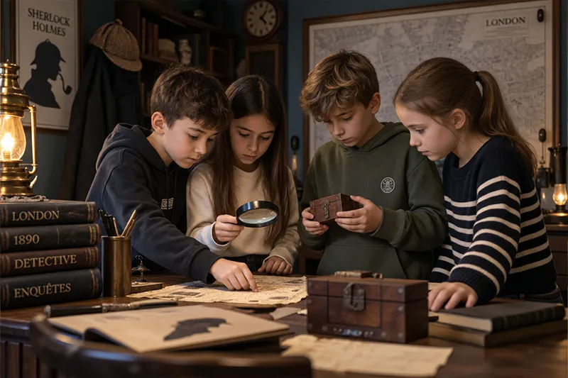 Équipe d'enfants résolvant des énigmes dans un escape game d'anniversaire à Reims