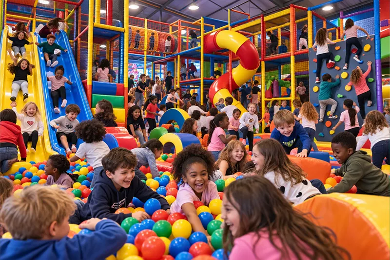 Enfants jouant dans un parc de loisirs indoor pour un anniversaire à Reims